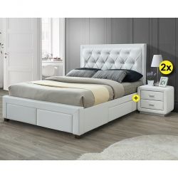 Pack Cama de Casal BIA Branco 160x200cm + 2 Mesas de Cabeceira ELYSEE Branco