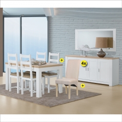 Pack Sala de Jantar FLORENÇA Branco e Carvalho + 4 Cadeiras ISABEL Bege