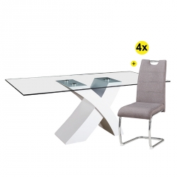 Pack Mesa de Jantar ELITE II Branco + 4 Cadeiras de Sala BILBAO Cinza