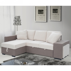 Chaise Longue Esquerda com Baú e Cama de Casal STACY Tecido Bege/Taupe