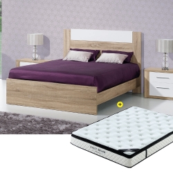 Pack Cama de Casal PARIS Carvalho Natura + Estrado + Colchão SWEET DREAM 150x195cm