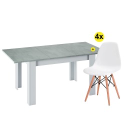 Pack Mesa Extensível BARCELONA (Betão e Branco Mate) + 4 Cadeiras DENVER II (Branco) - Conjuntos de Mesas e Cadeiras
