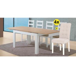 Pack de Mesa de Jantar Extensível FLORENÇA Branco e Carvalho + 4 Cadeiras de Sala FLORIDA Bege