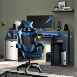 Pack Secretária GAMER com luz LED + Cadeira de Escritório GAMER (Azul e Preto)