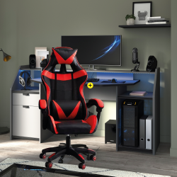 Pack Secretária GAMER com luz LED + Cadeira de Escritório GAMER (Vermelho e Preto)