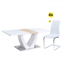 Pack Mesa Extensível FANCY (Branco e Carvalho) + 4 Cadeiras LUCAS II (Branco)