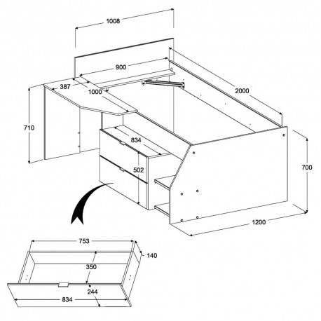 Cama alta MILKY com 2 gavetas e secretária - Dimensões detalhadas Cama alta MILKY com 2 gavetas e secretária - Dimensões detalhadas