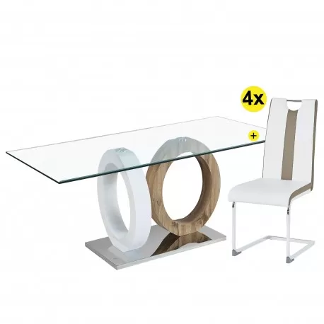 Pack Table RING + 4 Chairs NATALIA II (White and Taupe) - Table and Chair Sets