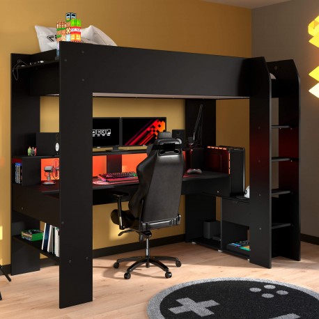 Cama alta gamer ONLINE com secretária - Preto Cama alta gamer ONLINE com secretária - Preto