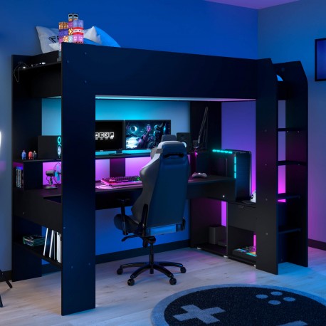 Cama alta gamer ONLINE com secretária - Preto Cama alta gamer ONLINE com secretária - Preto