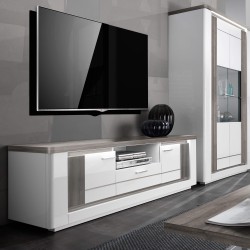 Móvel TV BELLARIA - Branco Brilho e Carvalho Cinza