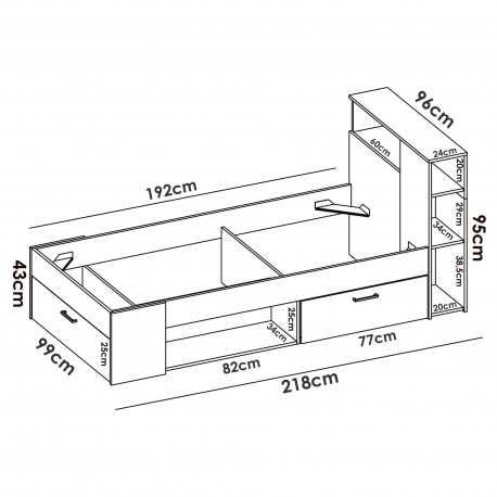 Cama de solteiro COLOMBO com gavetas - dimensões