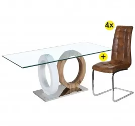 Pack mesa RING (branco e carvalho) + 4 cadeiras LUCAS II (castanho)