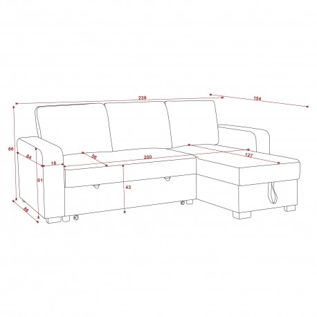 Sofá chaise longue reversível MANHATTAN com cama e baú - dimensões