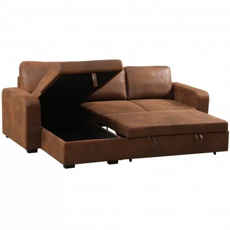 Sofá chaise longue reversível MANHATTAN com cama e baú - castanho vintage