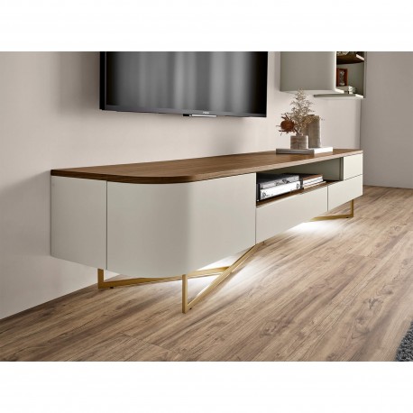 Móvel TV AMORA com 1 porta e 3 gavetas - Cinzento Bege Mate e Nogueira