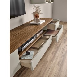 Móvel TV AMORA com 1 porta e 3 gavetas - Cinzento Bege Mate e Nogueira