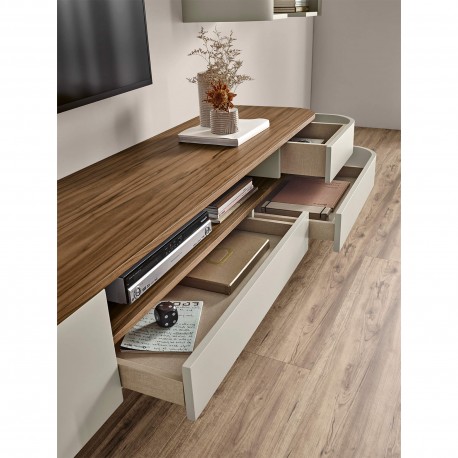 Móvel TV AMORA com 1 porta e 3 gavetas - Cinzento Bege Mate e Nogueira