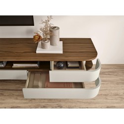 Móvel TV AMORA com 1 porta e 3 gavetas - Cinzento Bege Mate e Nogueira