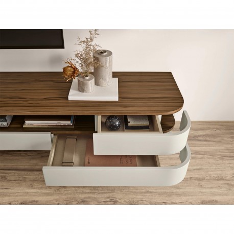 Móvel TV AMORA com 1 porta e 3 gavetas - Cinzento Bege Mate e Nogueira