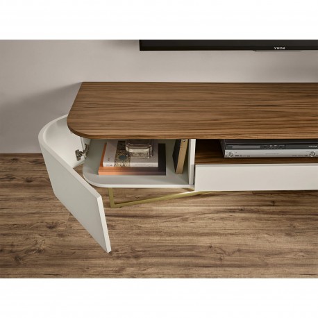 Móvel TV AMORA com 1 porta e 3 gavetas - Cinzento Bege Mate e Nogueira