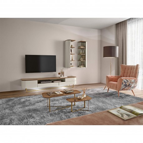 Móvel TV AMORA com 1 porta e 3 gavetas - Cinzento Bege Mate e Nogueira