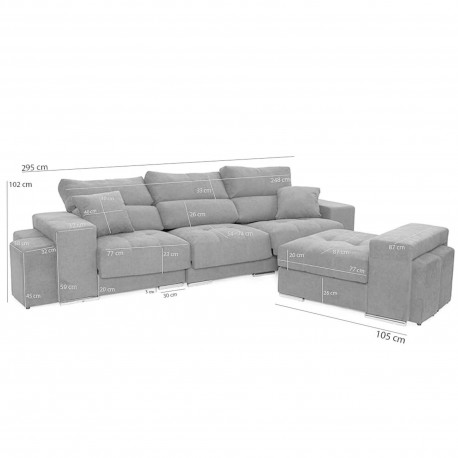 Sofá chaise longue reversível KATIA com poufs - azul escuro