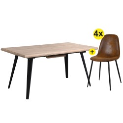 Pack mesa extensível NICY (carvalho) + 4 cadeiras LEE II (castanho vintage) - Home