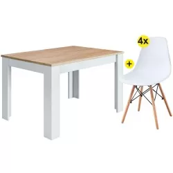 Pack mesa extensível BARCELONA (carvalho e branco) + 4 cadeiras DENVER (branco) - Conjuntos de Mesas e Cadeiras