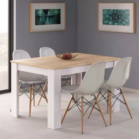 Pack mesa extensível BARCELONA (carvalho e branco) + 4 cadeiras DENVER (branco) - Conjuntos de Mesas e Cadeiras