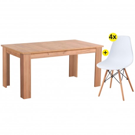 OSCAR Extensible Table Pack (Carvalho Artesanato) + 4 Chairs DENVER II (White) - Living Room