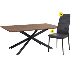 TRENDY Dining Table Pack (Cinza Oak) + 6 Chairs ZARA (Black) - Table and Chair Sets