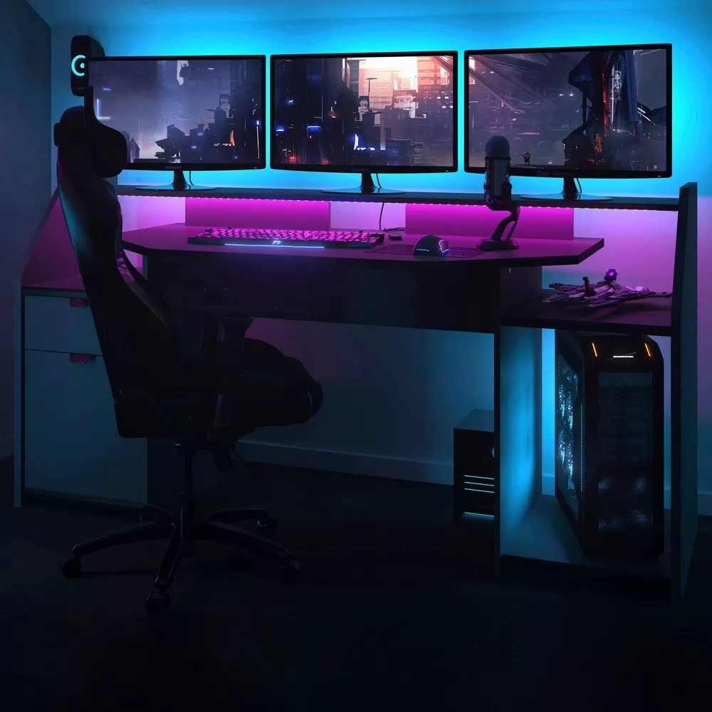 Secretária gaming com luzes LED RGB um porta-copos e um suporte para  controlos preto e vermelho Homcom - Habitium®