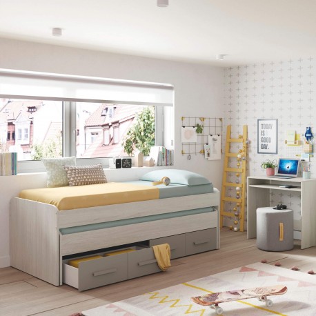 Cama nido LAS VEGAS com 2 gavetas - branco e cinza Cama nido LAS VEGAS com 2 gavetas - branco e cinza
