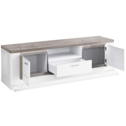 Móvel TV BELLARIA - Branco Brilho e Carvalho Cinza