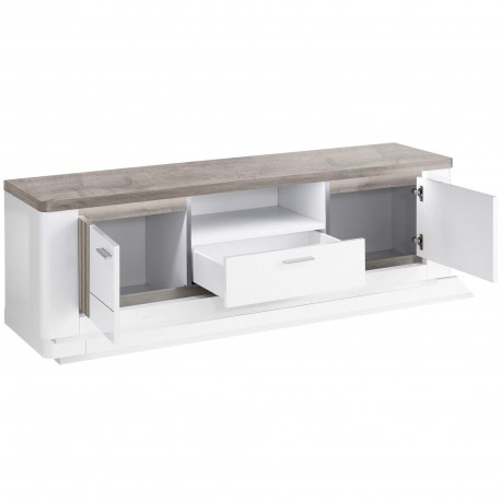 Móvel TV BELLARIA - Branco Brilho e Carvalho Cinza