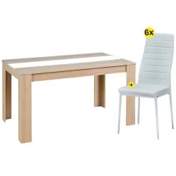Pack mesa DOMUS (carvalho e latte) + 6 cadeiras ZARA II (branco PU) - Conjuntos de Mesas e Cadeiras