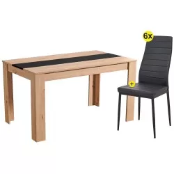 Pack mesa DOMUS (carvalho artesanato) + 6 cadeiras ZARA II (preto PU) - Conjuntos de Mesas e Cadeiras