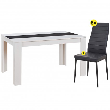 DOMUS Table Pack (White) + 6 Chairs ZARA II (Black) - Table and Chair Sets