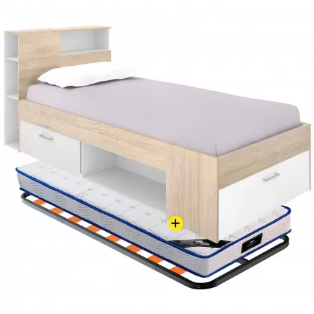 Pack cama COLOMBO 90x190cm (branco e natura) + estrado + colchão SPRING ROLLER - Packs Single Beds