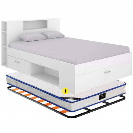 Pack cama COLOMBO 140x190cm (branco) + estrado + colchão SPRING ROLLER - Packs Double Beds