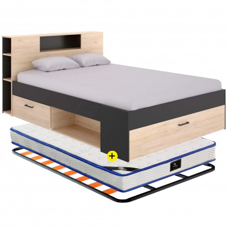 Pack cama COLOMBO 140x190cm (natura e antracite) + estrado + colchão SPRING ROLLER - Packs Double Beds