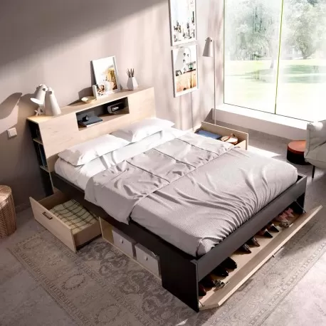 Pack cama COLOMBO 140x190cm (natura e antracite) + estrado + colchão SPRING ROLLER - Packs Double Beds