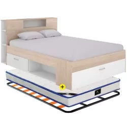 Pack cama COLOMBO 140x190cm (natura e branco) + estrado + colchão SPRING ROLLER - Packs Camas de Casal