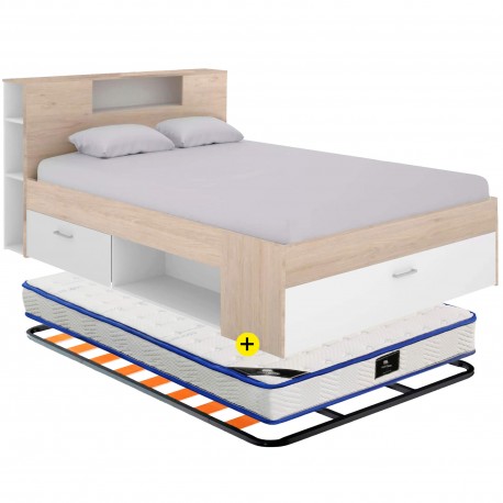 Pack cama COLOMBO 140x190cm (natura e branco) + estrado + colchão SPRING ROLLER - Packs Double Beds