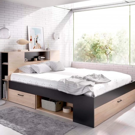Pack cama COLOMBO 160x200cm (natura e antracite) + estrado + colchão SPR ROLLER - Packs Double Beds