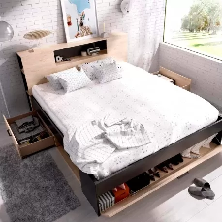 Pack cama COLOMBO 160x200cm (natura e antracite) + estrado + colchão SPR ROLLER - Packs Double Beds