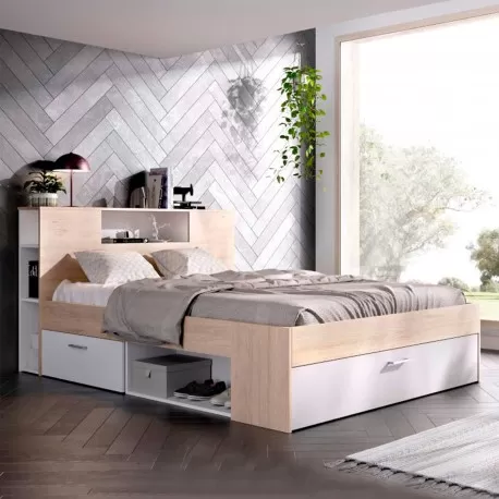 Pack cama COLOMBO 160x200cm (natura e branco) + estrado + colchão SPRING ROLLER - Packs Double Beds