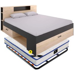 Pack cama COLOMBO 160x200cm (natura e antracite) + estrado + colchão SPR ROLLER - Packs Camas de Casal