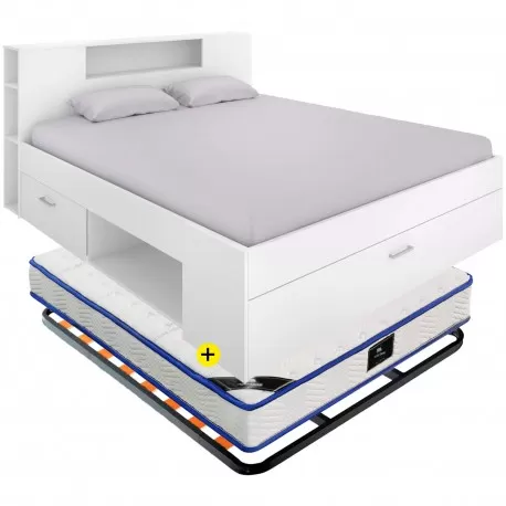 Pack cama COLOMBO 160x200cm (branco) + estrado + colchão SPRING ROLLER - Packs Double Beds